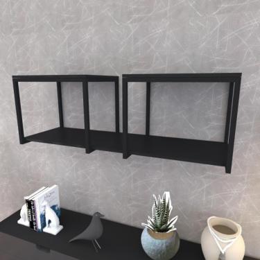 Imagem de Prateleira Industrial Suspensa Estante Parede Nicho Preto Ferro E Madeira Suporte Pratileira