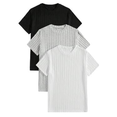 Imagem de SOLY HUX Camisetas masculinas básicas de malha canelada de 3 peças de manga curta para o verão, Preto, cinza, branco, P