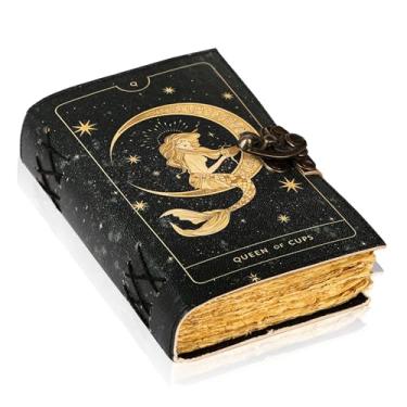 Imagem de TUZECH Livro de feitiços de couro encadernado diário com borda de baralho Grimório impresso diário de bruxaria de terceiro olho e caderno de feitiços de bruxa antigo livro vintage para homens e