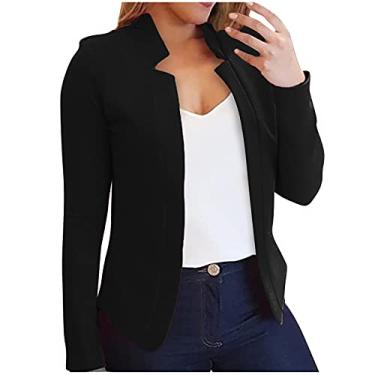 Imagem de Blazer curto para mulheres, elegante, frente aberta, gola entalhada, manga comprida, casaco curto, Preto, XXG
