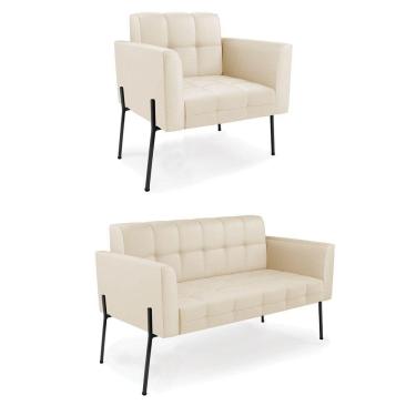 Imagem de Sofá Namoradeira e Poltrona Base Pé de Ferro Preto Elisa Corino Bege D03 - D`Rossi