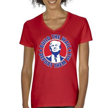 Imagem de Camiseta feminina gola V Donald Trump 2024 Build The Wall Deport Them All MAGA America First FJB Republican President 47, Vermelho, GG