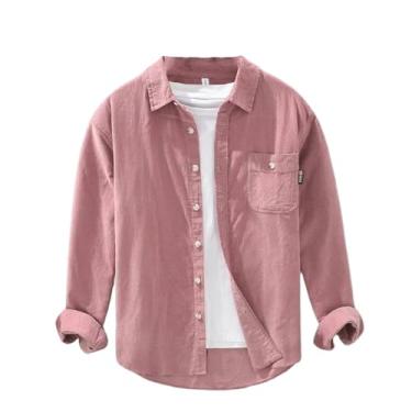 Imagem de Camisetas masculinas de veludo cotelê de outono com manga comprida com botões para escritório lindas blusas masculinas, Rosa 2317, P