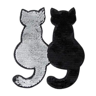 Imagem de CHUNCIN - Remendos bordados com aplique de lantejoulas para gatos DIY roupas jaquetas calças jeans bolsa decoração de roupas Natal 2 peças (rosa) (cor: preto)