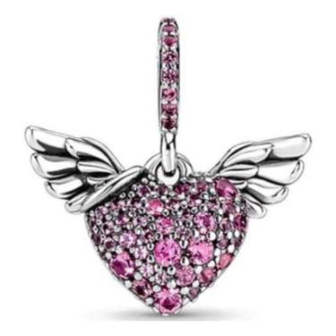 Imagem de Berloque Pingente Coração Asas De Anjo Prata 925