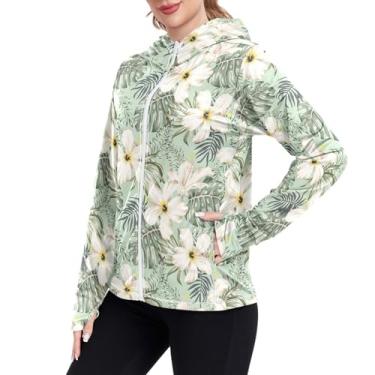 Imagem de JUNZAN Camisas de sol femininas tropicais hibisco flores FPS 50+ manga longa pesca camisa feminina legal moletom com capuz esportivo, Flores tropicais de hibisco, XXG