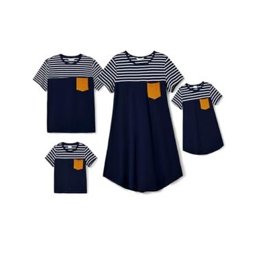 Imagem de PATPAT Camiseta de manga curta listrada para a família Mommy and Me Vestidos casuais de verão azul com bolso e camisetas, Azul, 6-7 Anos