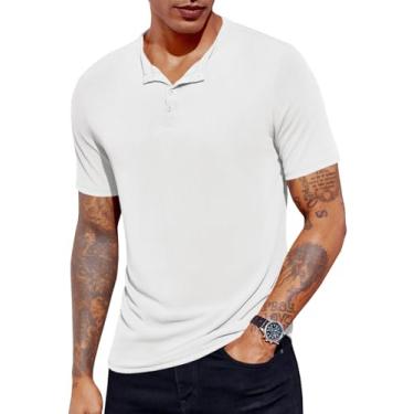 Imagem de Runcati Camiseta masculina manga curta Henley casual malha de algodão textura slim fit verão praia camisetas, Branco, GG