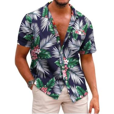 Imagem de Runcati Camisa masculina havaiana de manga curta com botões e estampa de palmeira cubana para férias tropicais, Azul marinho, M