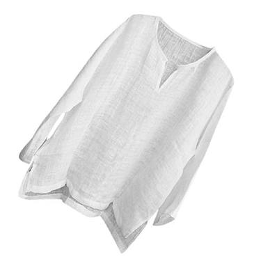 Imagem de Camisa masculina de algodão e linho cor sólida gola V casual manga longa drapeada camiseta de praia, Branco, XXG