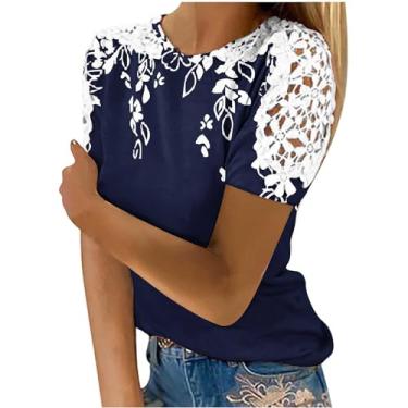 Imagem de Blusa feminina de renda de verão 2024 moderna blusa de crochê cor sólida túnicas casuais confortáveis camisetas folgadas, Azul marino, XG