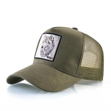 Imagem de Boné de malha bordado xadrez chapéu de fazenda animal para homens mulheres boné ajustável snapback, Cabeça de lobo verde militar, 3X-Large