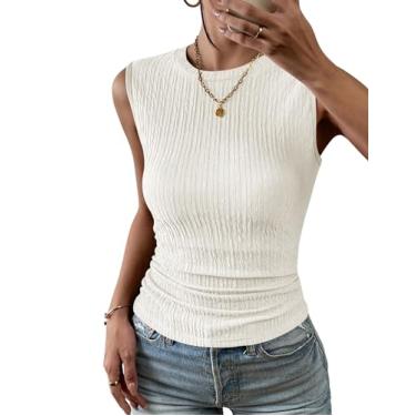 Imagem de ZASFOU Camisetas femininas de verão sem mangas, casual, gola alta, justas, texturizadas, 2024, na moda, Branco creme, GG