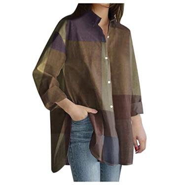 Imagem de Camisa feminina de algodão e linho, abotoada, 2024, casual, manga comprida, xadrez, blusas soltas com bolsos, Cáqui, XG