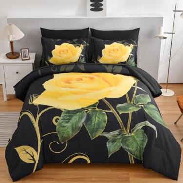 Imagem de Jogo de cama King amarelo com 7 peças, rosa amarela e flor de microfibra macia (1 edredom, 2 fronhas, 1 lençol de cima, 1 lençol com elástico, 2 fronhas)