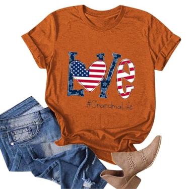 Imagem de Camisetas femininas com bandeira americana, manga curta, estampa Love Grandma Life, Dia da Independência, patriótico, casual, caimento solto, Laranja, M