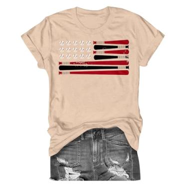 Imagem de Camisetas femininas de beisebol com bandeira americana St-a-rs listrada manga curta blusa casual gola redonda gráfica para sair, Bege, XXG