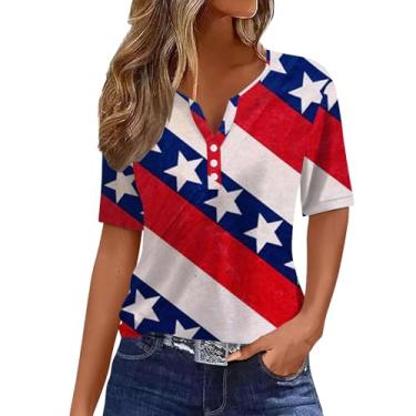 Imagem de Camisetas femininas 4th of July Star Stripes Graphic Blusas com gola V com botões e manga curta, túnica, presente de festival, folgada, Vermelho, G
