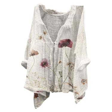 Imagem de Camisetas femininas de linho com estampa floral, túnica de gola redonda, manga curta, solta, casual, para sair, Bege, P