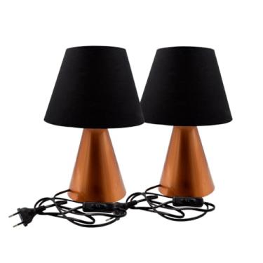 Imagem de Kit com 2 Luminária de Mesa Abajur Clássico Cônico Em Alumínio Com Cúpula de Tecido Algodão Revestida em Acetato Soquete E27 Bivolt (Preto)