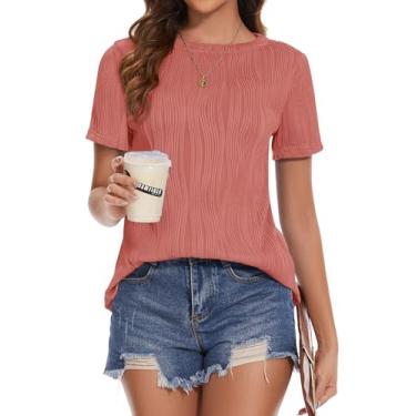Imagem de Micoson Camisetas femininas de verão de manga curta, gola redonda, casual, texturizada, básica, lisa, Rosa coral, P