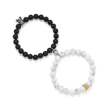 Imagem de POSHFEEL Pulseira de casal de pedras naturais CZ micro pavê coroa king queen de 8 mm, 19 cm, 7 5 inch, Pedra, Ágata