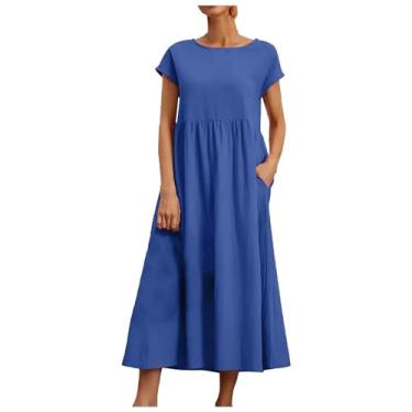 Imagem de Lainuyoah Vestidos de verão de gola redonda para mulheres 2024 manga curta ajuste solto túnica vestidos de praia patchwork camisa lisa vestido de verão, Azul E, P