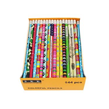 Imagem de SKKSTATIONERY Lápis de madeira coloridos sortidos com borracha, lápis infantis e premiados, 2 HB, 12 cores, 144/caixa
