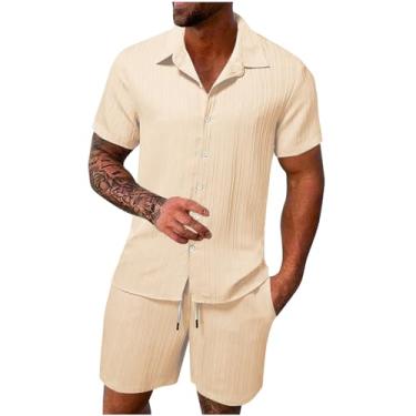 Imagem de Generic Conjunto de shorts masculinos de linho de renda para verão outono combinando com 2 peças, camisetas e shorts masculinos 2024, B-284 cáqui, M