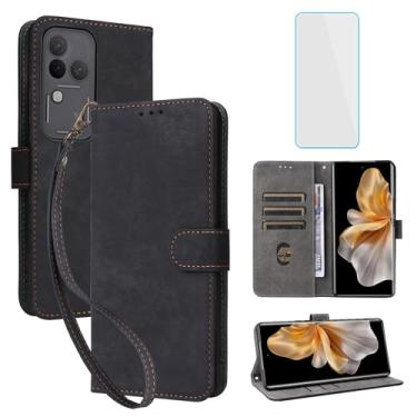 Imagem de IUQXU Capa carteira para celular VIVO V30 Pro 5G com protetor de tela [bloqueio RFID] Suporte de cartão flip de couro com alça de pulso feminina masculina capa de celular para VIVO V30Pro V 30 Pro 5G