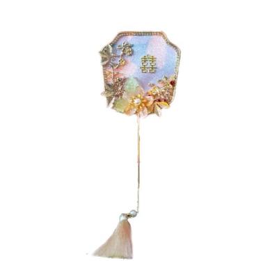 Imagem de zaoalife Ventilador portátil de renda floral, mini ventiladores redondos vintage, leques redondos de pérolas de cristal estilo chinês, leque de liga em forma de fênix com borla