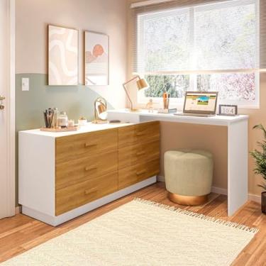 Imagem de Cômoda com Escrivaninha em L com 6 Gavetas Leonie Yescasa Branco/Freijó