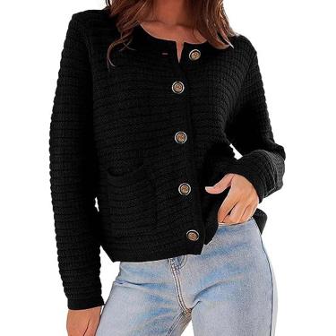 Imagem de Feminino outono e inverno cor sólida em torno do pescoço de malha commuter retro casual cardigan manga longa seção curta feminina, preto, l