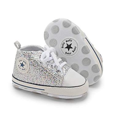 Imagem de KIDSUN Tênis unissex de cano alto para bebês meninos e meninas sola antiderrapante para recém-nascidos primeiros passos sapatos jeans de lona, B02 lantejoulas prata, 6-12 Meses