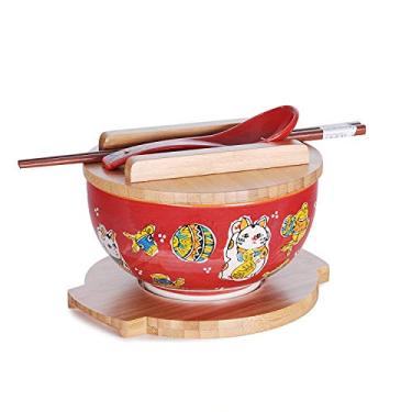Imagem de Happy Sales HSKM-RDCAT6, Kamameshi japonês estilo vintage, tigela de macarrão de arroz com tampa de bambu, pauzinhos e colher de porcelana, gato da sorte vermelho