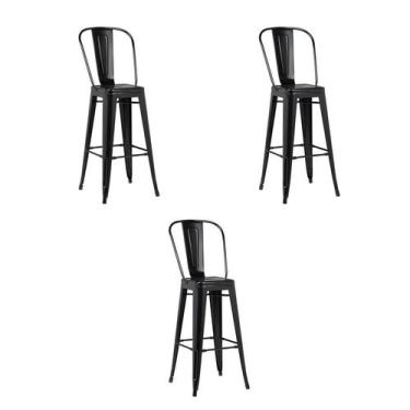 Imagem de Kit 3 Banquetas Altas Iron Preta com Encosto Aço - Rivatti