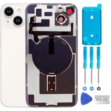 Imagem de ABUSVEX Substituição de vidro traseiro original para iPhone 14, placa e cabo flexível e todas as peças, moldura de câmera pré-instalada para iPhone 14 + ferramentas de reparo (Starlight)