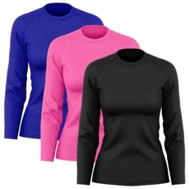 Imagem de Kit 3 Camisetas Manga Longa Poliamida Feminina Proteção Solar UV-Feminino