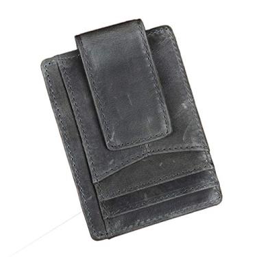 Imagem de Le'aokuu Carteira fina minimalista de couro RFID com bolso frontal e clipe para dinheiro, Cinza, L, Clássico