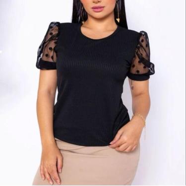 Imagem de Blusa manga curta tule canelada gola canoa clássica - Filó Modas, Bran