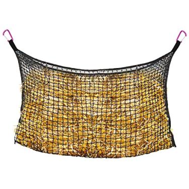 Imagem de Bloomoak Rede de feno de alimentação ultra lenta com 4 clipes de mosquetão para cavalos/saco de feno plano macio para pendurar com grande capacidade para alimentação de dia inteiro (C 160 x 101 cm,