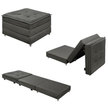 Imagem de Puff Dobrável 3 em 1 Que Se Transforma em Cama Solteiro Versátil Confortável Com Rodinhas E Bau (Cinza)