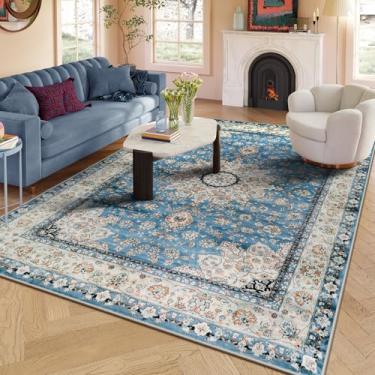 Imagem de Lahome Tapete de área de medalhão floral oriental - 20 x 25 cm tapetes grandes macios para quarto estético tapete de sala de jantar, tapete de sala de estar antiderrapante estampado vintage tapete de sala de estar para sala de família hall de entrada escritório, azul