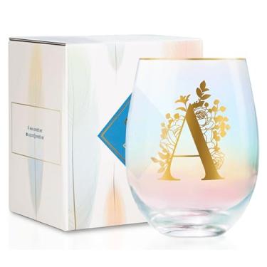 Imagem de Onebttl Presentes de vinho personalizados para mulheres, taça de vinho sem haste fofa com iniciais, presentes com monograma para amantes de vinho em aniversários de Natal, A