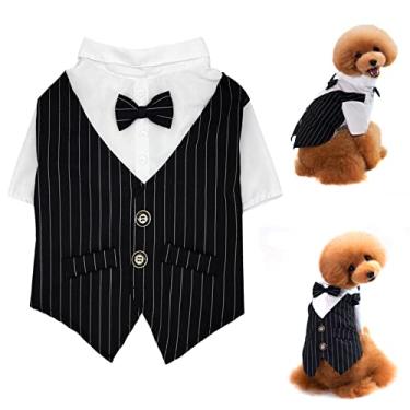 Imagem de Camisa listrada para smoking de cachorro, traje formal, gravata borboleta, roupas elegantes para animais de estimação, camisas de casamento, príncipe, gravata borboleta, roupas para cavalheiros, roupas para filhotes de cachorro pequeno para meninos, roupas finas de verão