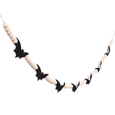 Imagem de Guirlanda de contas de madeira e morcegos de feltro preto de Halloween - Decoração assustadora de Halloween, faixa de morcegos, decorações de Halloween em ambientes internos, decoração de casa assombrada