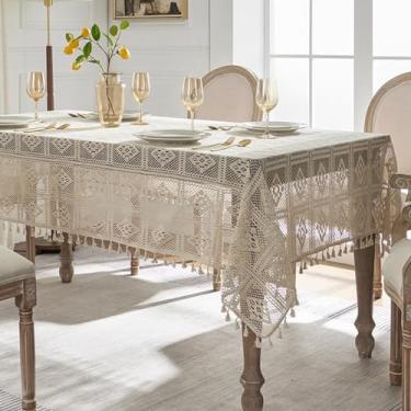 Imagem de Tootop Toalha de Mesa Geométrica de Linho e Algodão Boêmio Xadrez, Toalha de Mesa Retangular com Franjas Bege Vintage de Crochê para Cozinha, Jantar, Festa, Feriado, Festival, Babados (60 "X102) Bege
