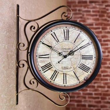 Imagem de Relógio de parede, vintage dupla face vintage industrial para decoração ao ar livre arte de parede decoração antiga escritório cozinha silenciosa rotação de 360 graus relógio de parede antigo