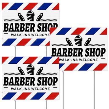 Imagem de Therwen 3 peças Walk Ins placa de barbeiro de boas-vindas placa de barbearia dupla face para cabeleireiro listras azuis decoração de barbearia placas de quintal ao ar livre com estacas para bar de negócios café garagem, 30,5 x 39 centímetros