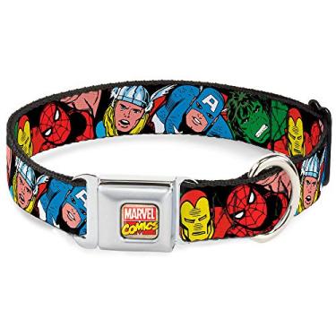 Imagem de Buckle-Down Coleira para cães com fivela de cinto de segurança – 5 personagens da Marvel Preta – 3,8 cm de largura – Serve para pescoço de 40,6 a 58,4 cm – Médio